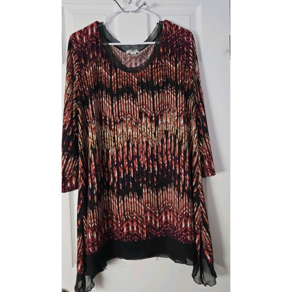 Cato Plus Size 22/24W Tunic‎ Top Blouse Sheer Trim Black Rust 3/4 Sleeve Light